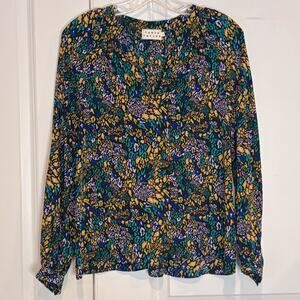 Tanya Taylor Amy Black Abstract Floral Leopard Silk Long Sleeve Top Blouse S